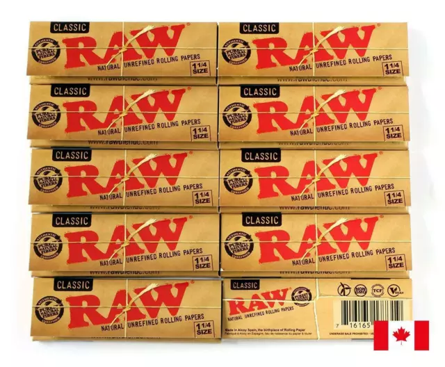 10 RAW Classic 1 1/4 Natural Unrefined Rolling Paper (50 Papers/Pack)