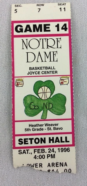 1996 02/24 Seton Hall at Notre Dame Basketball Ticket Stub - Seat 11