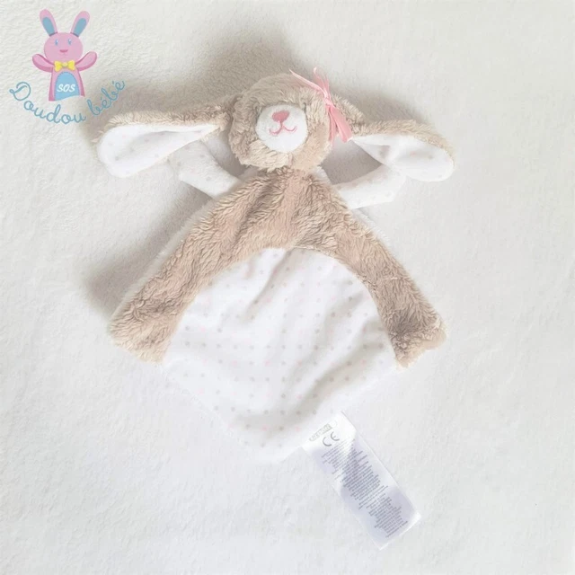 Doudou plat Lapin beige blanc rose à pois ERGEE (état neuf) 3 dispos