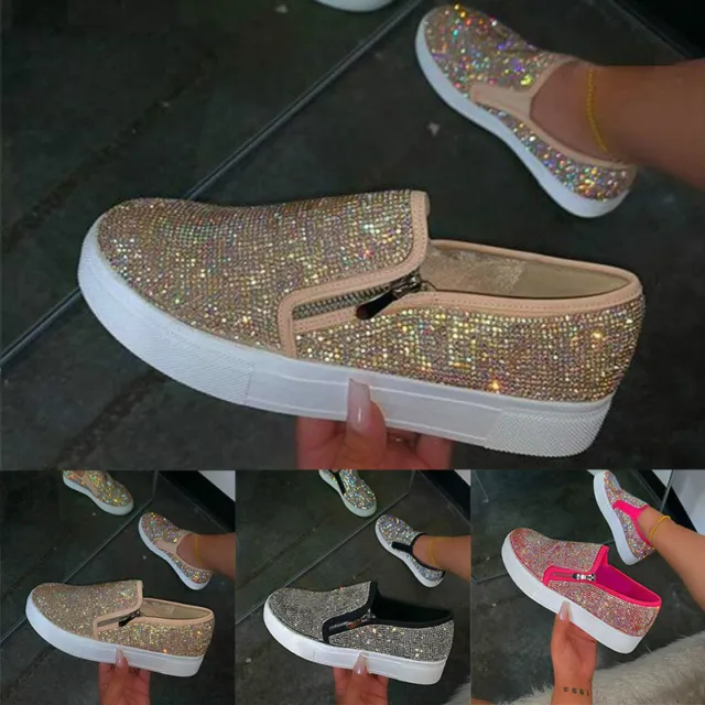 Women Rhinestone Loafers Pumps Slip On Flat Platform Lady Casual Shoes Sneakers