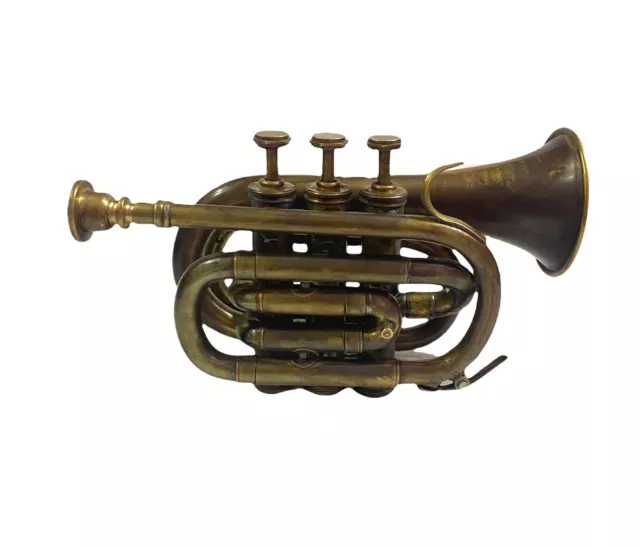 ANTIQUE BRASS TRUMPET Vintage Pocket Bugle Student Horn 3 Valve