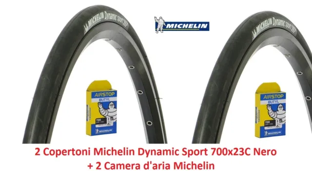 2 Copertoni + 2 Cam. Michelin Dynamic Sport 700x23C Nero x Bici 28" Fixed Scatto