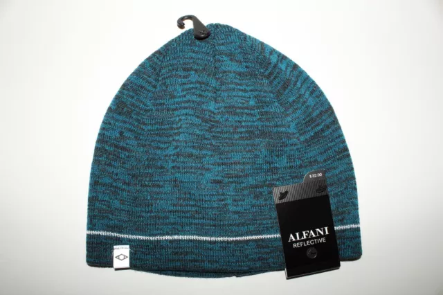 Alfani Mens Reflective Beanie Winter Hat One Size Fits All Stretchy Blue