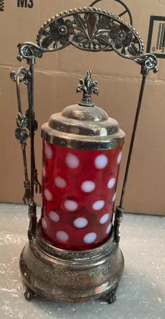 Vintage Silverplate with Cranberry Glass/White Dots Pickle Castor Jar with tongs