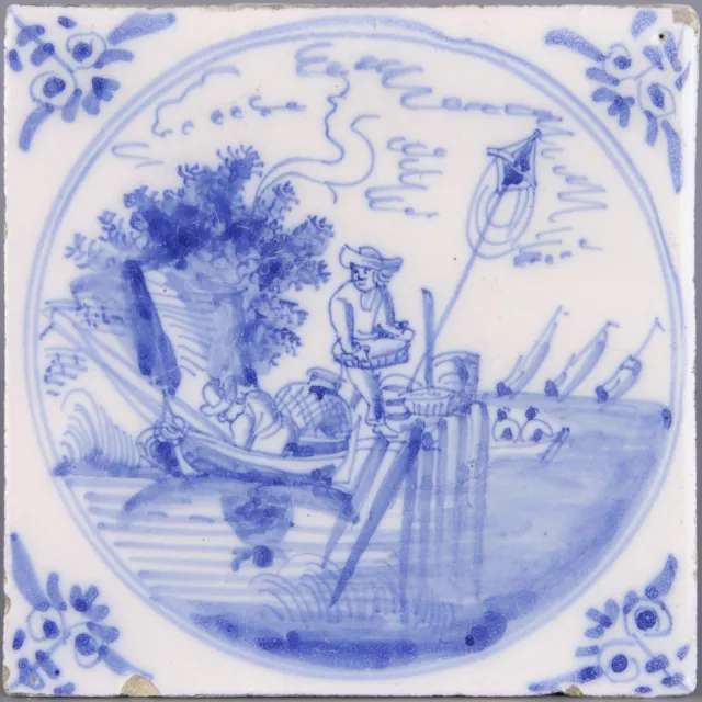 Nice Dutch Delft Blue fine painted tile, fisherman, 18th. century.