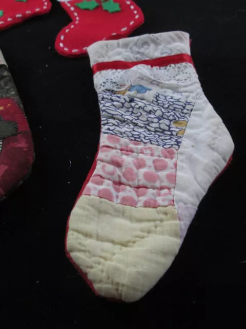 6 Miniature Cloth Christmas Stockings Hand Made Felt Quilted Applique Old Quilt 2