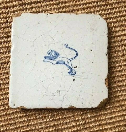 Antique 18C Dutch Delft Tile Blue And White Featuring A Lion Rampant