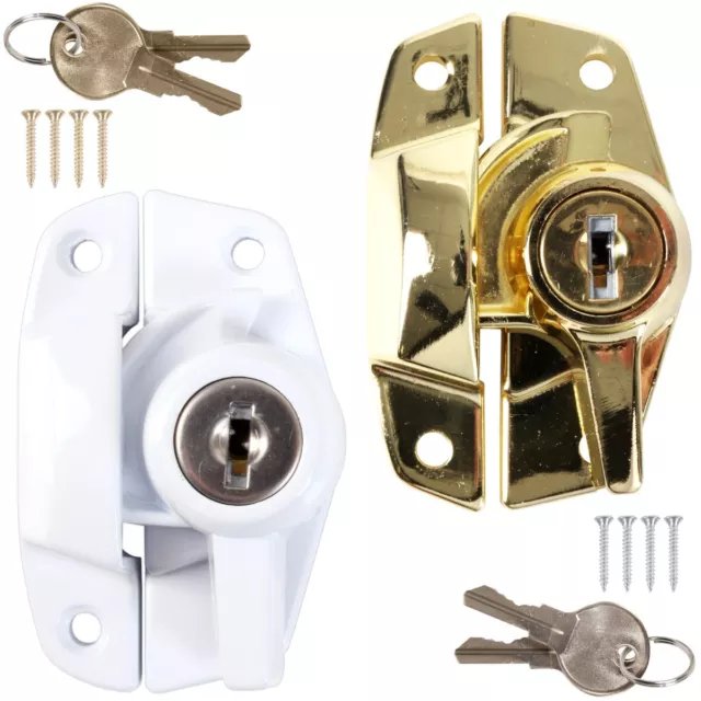 WINDOW SASH FASTENER White/Brass Lock Catch Key Thumb Turn Frame Sliding Swing