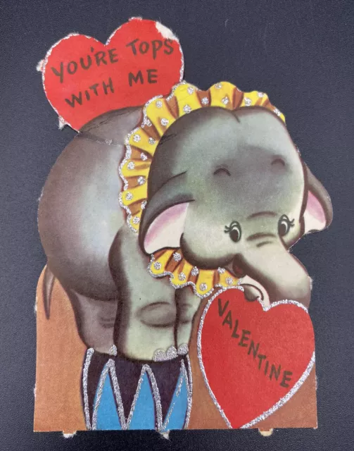 Vintage Valentines Day Card 1960s Circus Elephant “You’re Tops With Me” Glitter