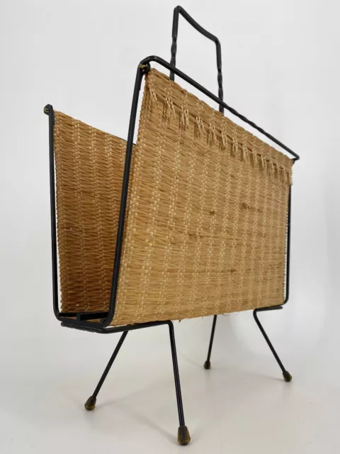 *MID CENTURY MODERN ZEITUNGSSTÄNDER METALL MESSING RATTAN GEFLECHT KORB 50er