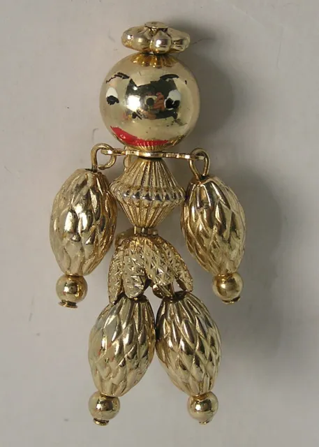 Vintage Coro Articulated Movable Clown Jester Pin Gold Tone Pineapple Beads