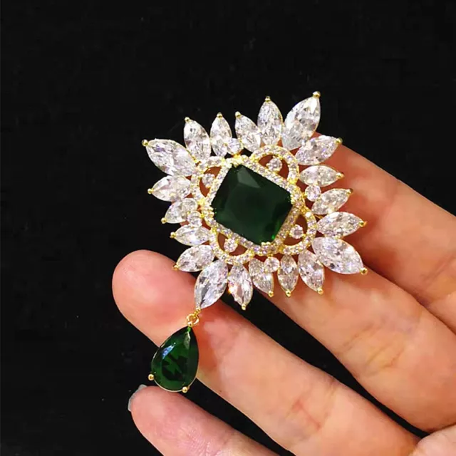 Vintage Art Deco Look Gold Tone Flower Big Green Crystal Brooch Pin Gift