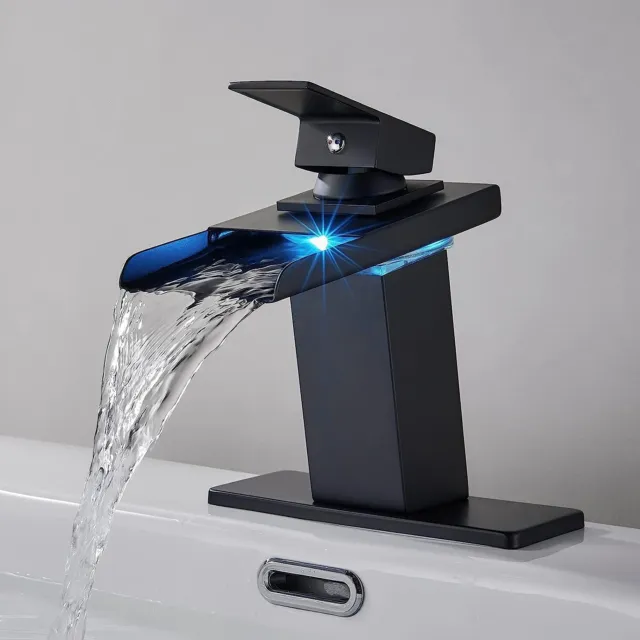 Black LED Bathroom Basin Faucet Waterfall Single Handle Hole Tub Sink Mixer Tap