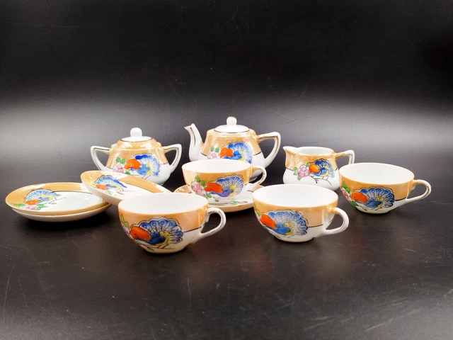 SERVICE A THE Ancien Japonais Porcelaine Fine Paon Decor Peint A La