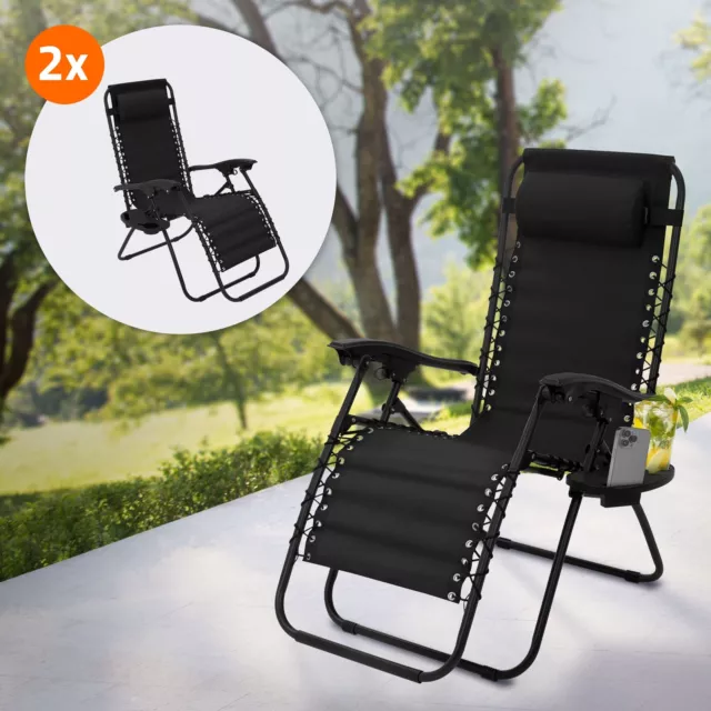 2x Tumbona de jardín negra silla plegable ergonómica para playa/piscina, camping