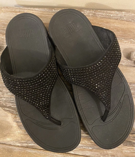 FITFLOP Womens Black Rokkit Thong Flip Flops Sandals Suede Rhinestone 301122 Sz7