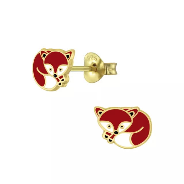 925 Sterling Silver Gold Cute Sleeping Fox Animal Kids Girls Stud Earrings