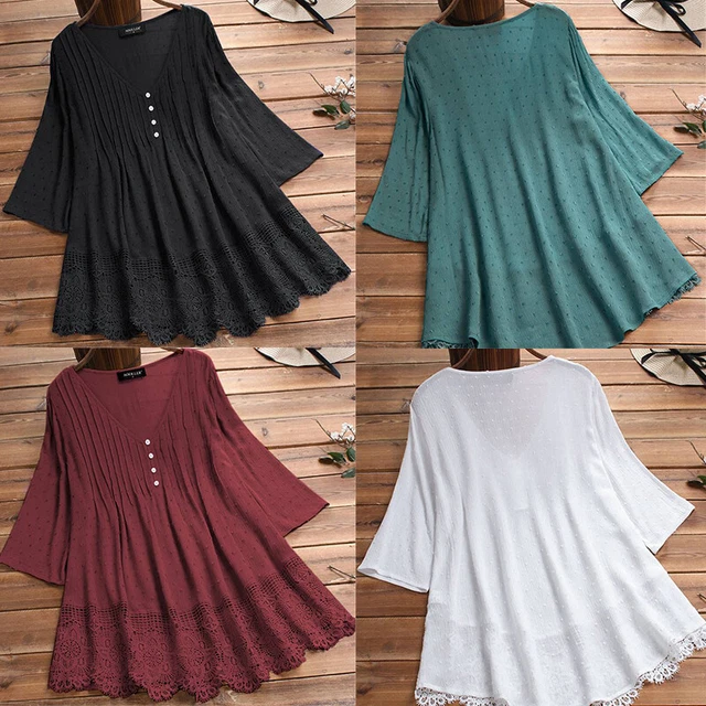 Lace  Loose Tops Long Sleeve Womens V Neck Blouse T Shirt Summer Casual