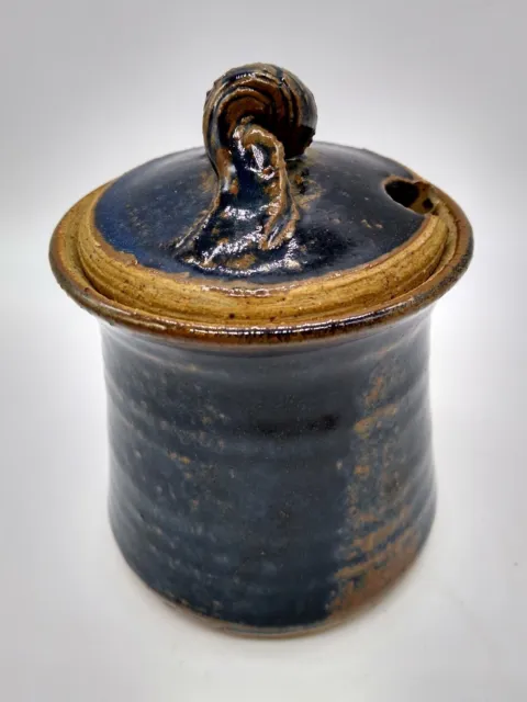 Signed Honey Pot Sugar Bowl Crock Art Pottery  Blue Drip Glaze With Lid 3"
