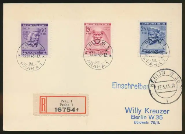 Böhmen und Mähren Nr. 114-116 R-Postkarte PRAG 12.3.43 - BERLIN #115010