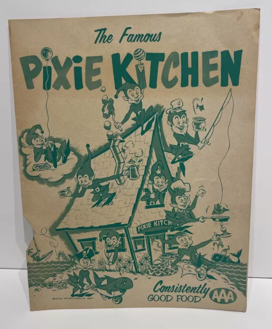 Vintage 1950's The Famous PIXIE KITCHEN Menu Oregon Coast ~Plato- Martindale Art