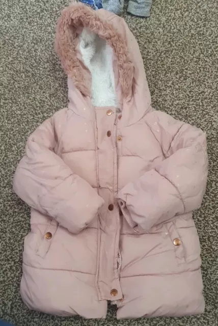 18-24 Months Pink Primark Puffer Coat Hooded Warm Faux Fur Lined Stars Girls