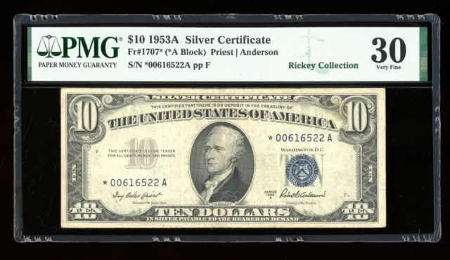 DBR 1953-A $10 Silver STAR Fr. 1707* PMG 30 Serial *00616522A