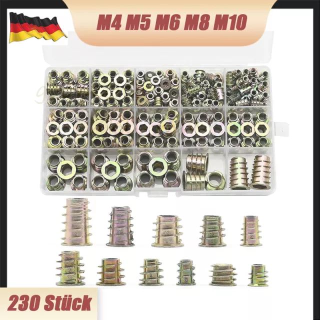 230Tlg Einschraubmutter Gewindeeinsatz Holz Einschraubmutter M4 M5 M6 M8 M10 Set