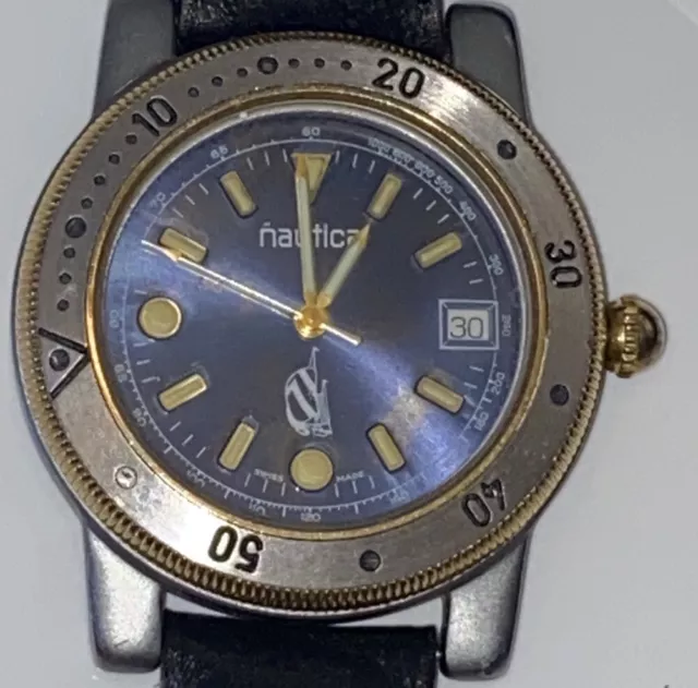 Vintage Nautica Mens Date Dial Black Leather Watch Logo Swiss Water Resistant