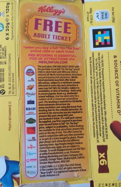 Kellogg's Voucher 1 free adult entry when buying 1 Child or Adult ticket. Merlin