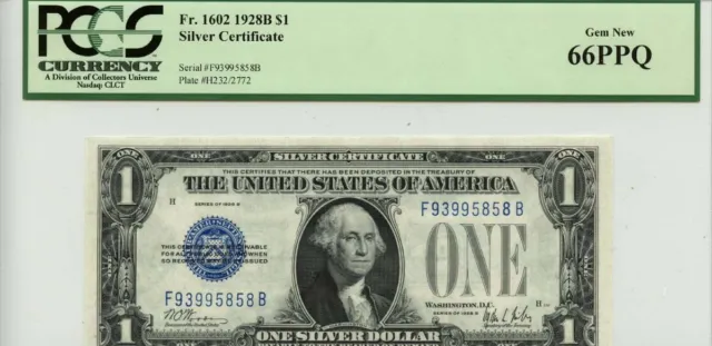 1928B $1 Silver Morgan Dollar Blue Seal FR#1602 PCGS Gem 66 PPQ