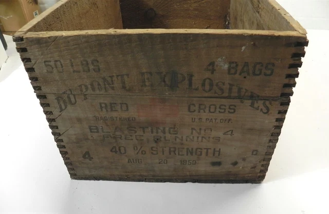 Vintage Wood Box Crate| Dupont Explosives, Red Cross Blasting No. 4 Free Running