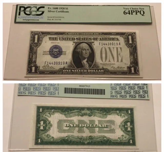 VINTAGE pcgs 64 PPQ 1928 SILVER CERTIFICATE ONE DOLLAR BILL NOTE PMG $1 FR. 1600