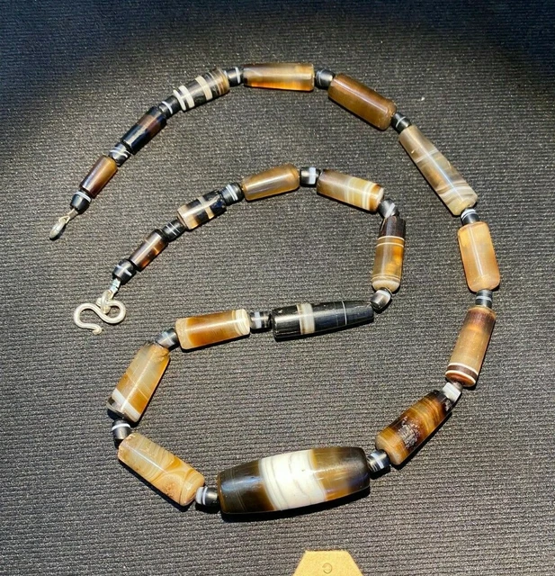 Old Ancient  Antique old Banded agate beads necklace from Angkor Cambodia