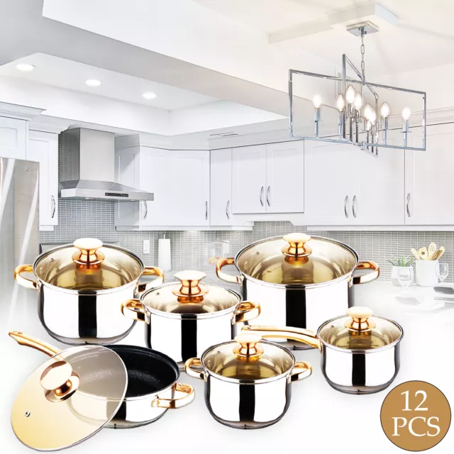 STAINLESS STEEL 12 Pcs INDUCTION HOB CASSEROLE POT COOKWARE SAUCEPAN DINING SET