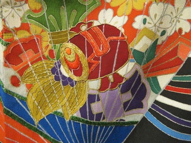 2213T07z830 Antique Japanese Kimono Silk TOMESODE Hand drum Black 8