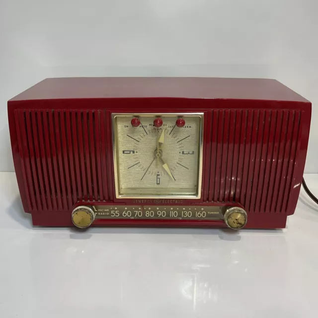 Red Plastic Mid Century General Electric Tube Clock Radio Model 574 Works Good