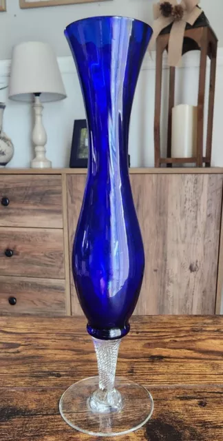 Gorgeous Vintage Hand Blown Cobalt Blue Swirl Glass Vase