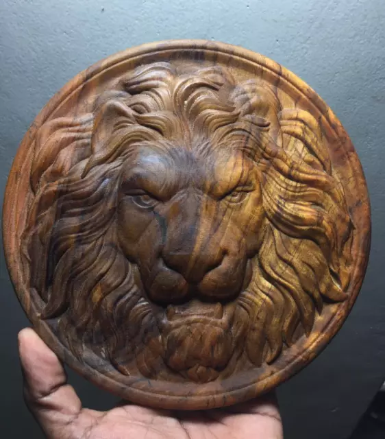 Lion Head wood Carved sculpture wooden Wall hanging decor art Plaque 100%Natural