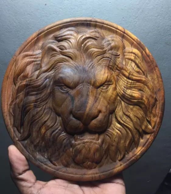 Lion Head wood Carved sculpture wooden Wall hanging decor art Plaque 100%Natural 2