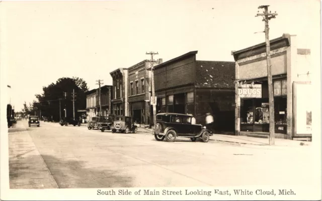MAIN STREET VIEW antique real photo postcard rppc WHITE CLOUD MICHIGAN MI 1920s