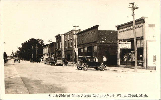 MAIN STREET VIEW antique real photo postcard rppc WHITE CLOUD MICHIGAN MI 1920s