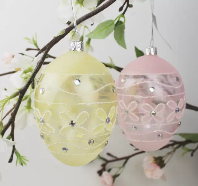 Gisela Graham Easter Yellow Pink Diamante Flower Glass Egg Decoration Large