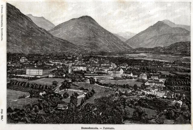 Domodossola: panorama. Grande veduta. + Passepartout. Stampa antica del 1891