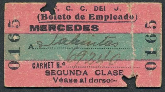 URUGUAY FCCU Railway ticket 2nd cl from Mercedes 1930 QYE611