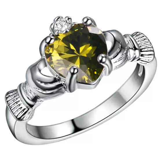 SILVER OLIVE GREEN Zircon Crown Wedding Engagement Claddagh Ring Size 6 ...