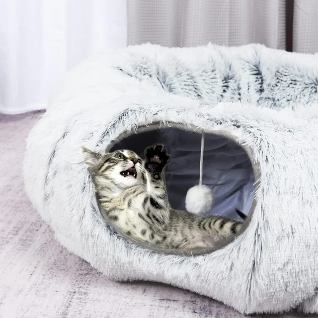 Cat Tunnel Bed - Fluffy Cat Bed Cave with Collapsible Donut Tunnel and Washable
