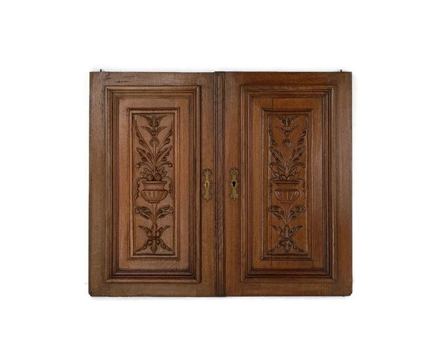 Pair French hand Carved Wood Oak Door Panels Reclaimed Architectural Flower Bask