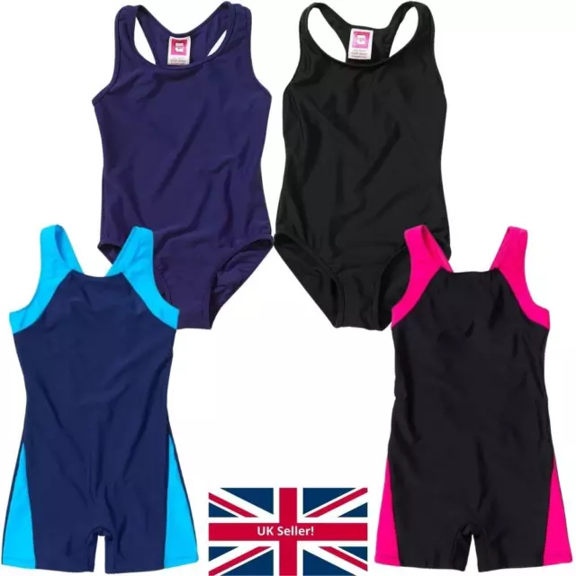 Girls School Sports Swimsuit Plain Black Navy Racer Back Lined 7-15yrs UK Seller