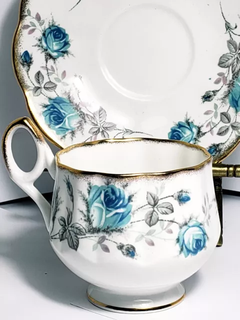 Vintage Rosina Teacup & Saucer England Blue Roses Bone China Scalloped Gold Rim